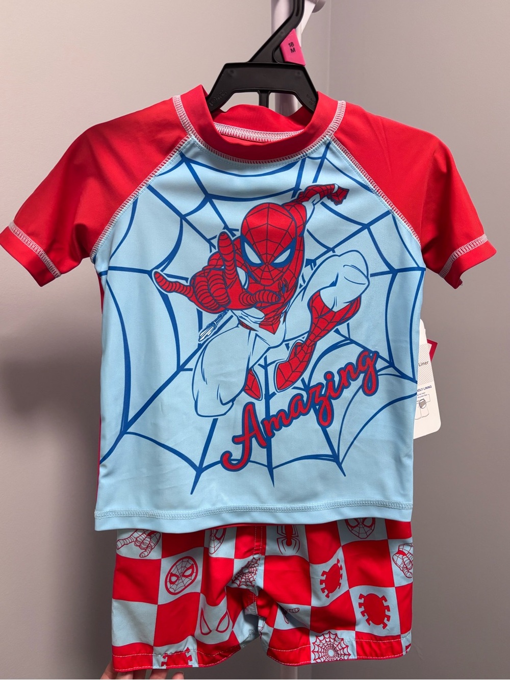 Marvel Spiderman 18 month kids swim set with rash guard and swim trunks